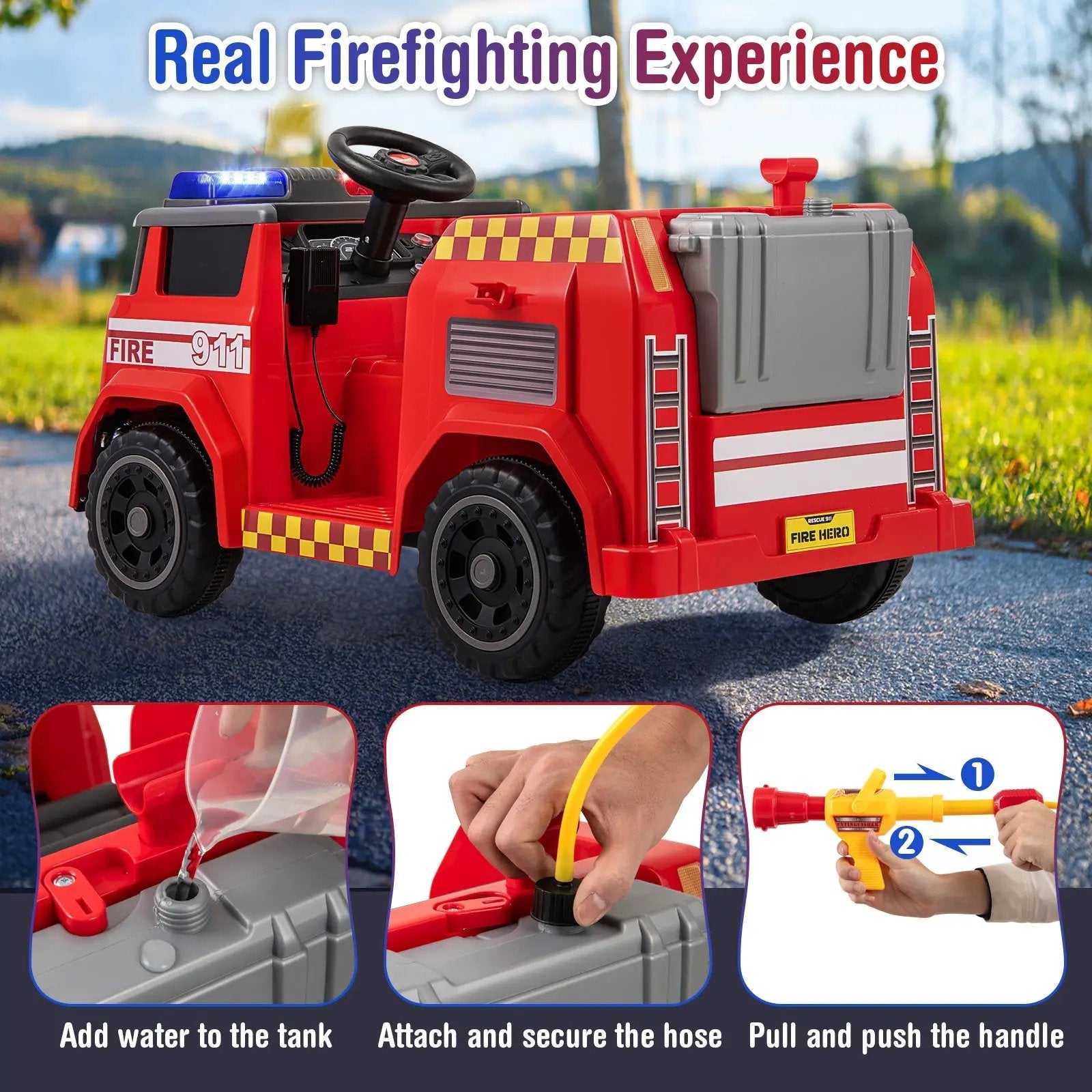 12V Ride on Fire Truck Powered Car with Water Gun and Interphone-Red by DirectDeals