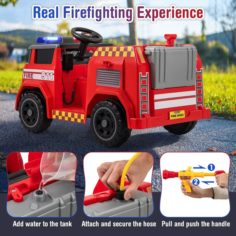 12V Ride on Fire Truck Powered Car with Water Gun and Interphone-Red by DirectDeals