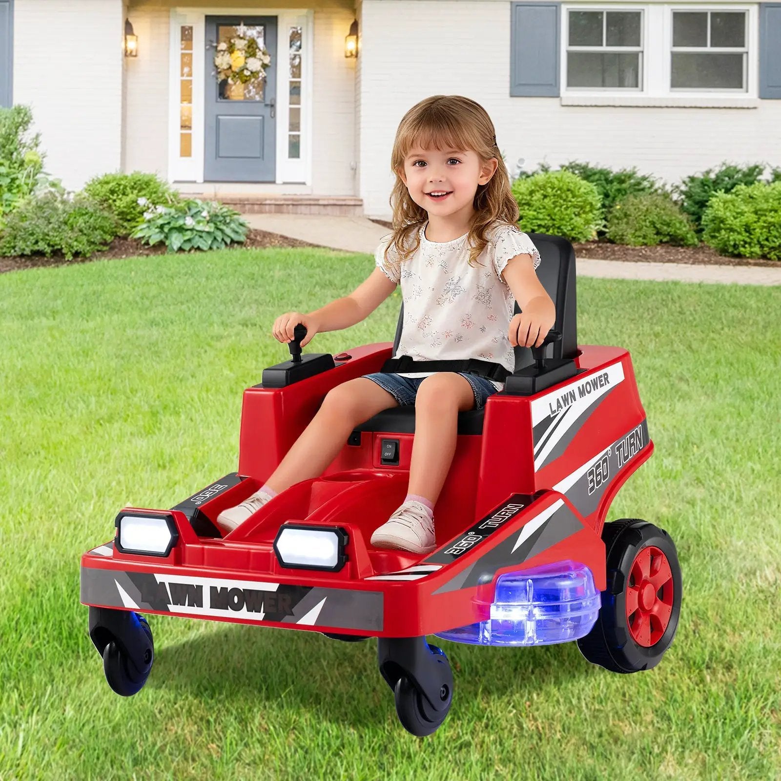 12V Ride on Lawn Mower for Kids with Dual Control Sticks and LED Lights by DirectDeals