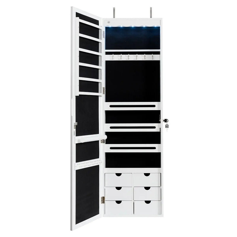 5 LEDs Lockable Mirror Jewelry Cabinet Armoire with 6 Drawers-White by DirectDeals