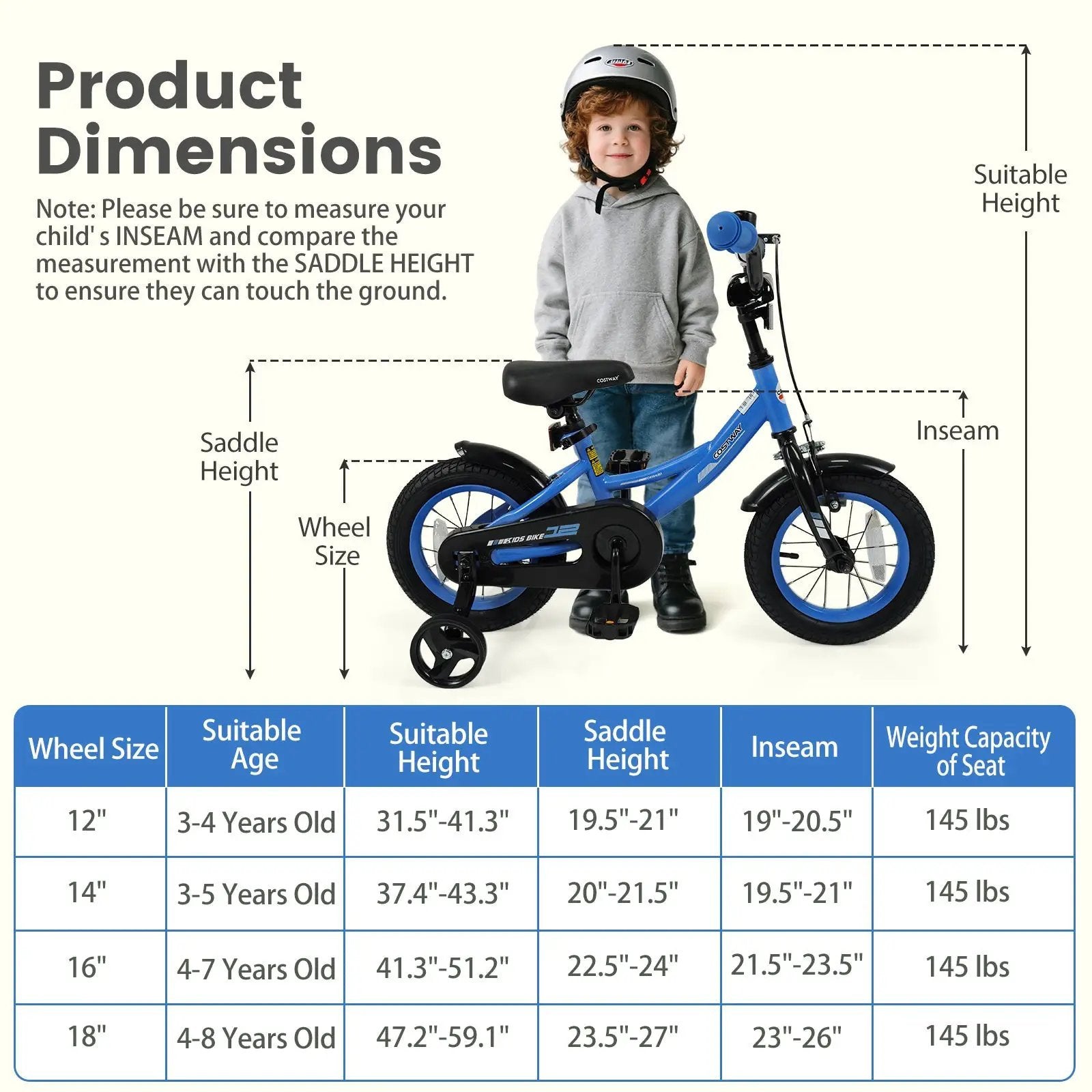 12/14/16/18 Inches Kids Bike with Removable Training Wheels and Adjustable Seatfor 3-8 Years Old Navy by DirectDeals