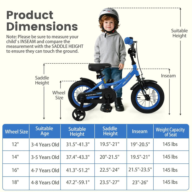 12/14/16/18 Inches Kids Bike with Removable Training Wheels and Adjustable Seatfor 3-8 Years Old Navy by DirectDeals