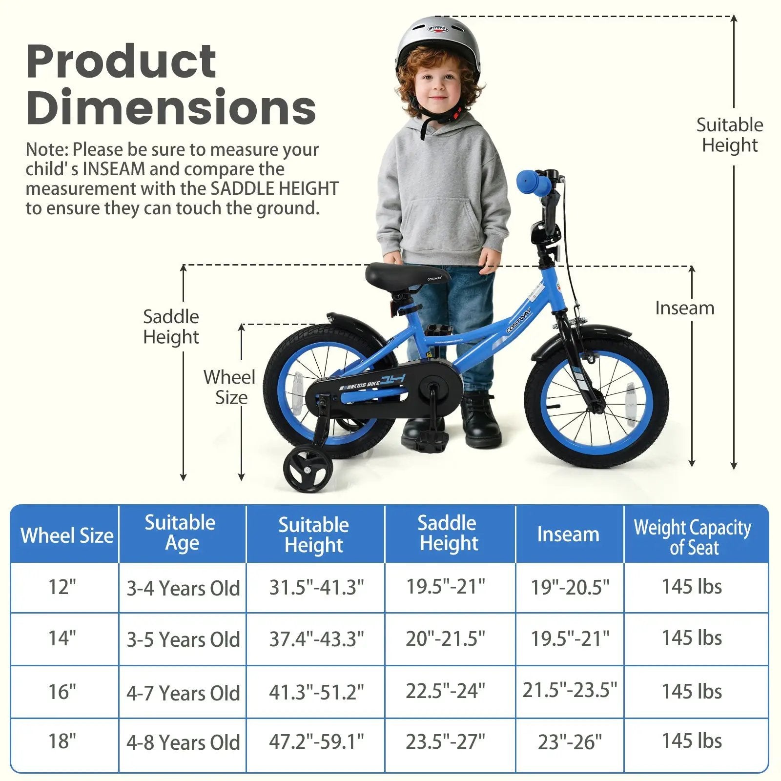 12/14/16/18 Inches Kids Bike with Removable Training Wheels and Adjustable Seatfor 3-8 Years Old Navy by DirectDeals