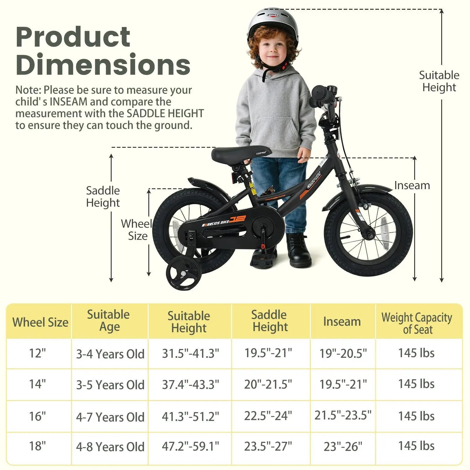 12/14/16/18 Inches Kids Bike with Removable Training Wheels and Adjustable Seatfor 3-8 Years Old Black by DirectDeals