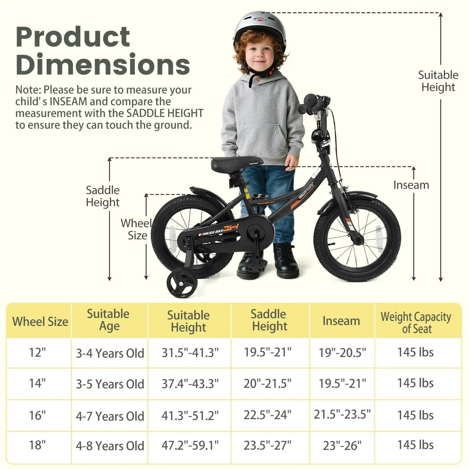 12/14/16/18 Inches Kids Bike with Removable Training Wheels and Adjustable Seatfor 3-8 Years Old Black by DirectDeals