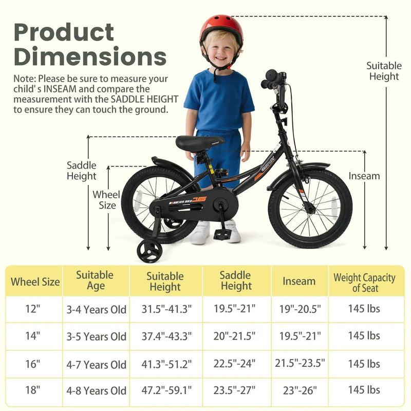 12/14/16/18 Inches Kids Bike with Removable Training Wheels and Adjustable Seatfor 3-8 Years Old Black by DirectDeals
