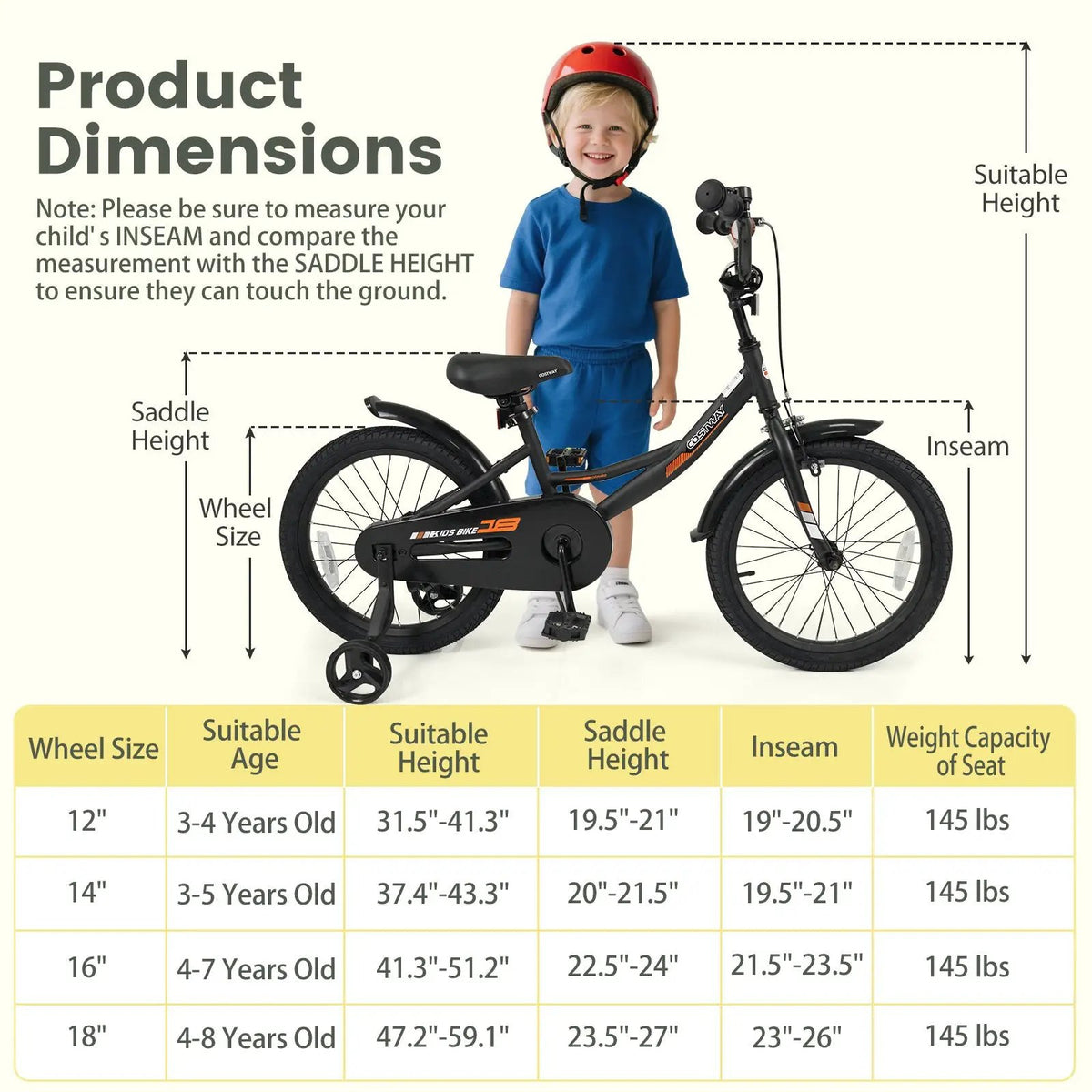 12/14/16/18 Inches Kids Bike with Removable Training Wheels and Adjustable Seatfor 3-8 Years Old Black by DirectDeals