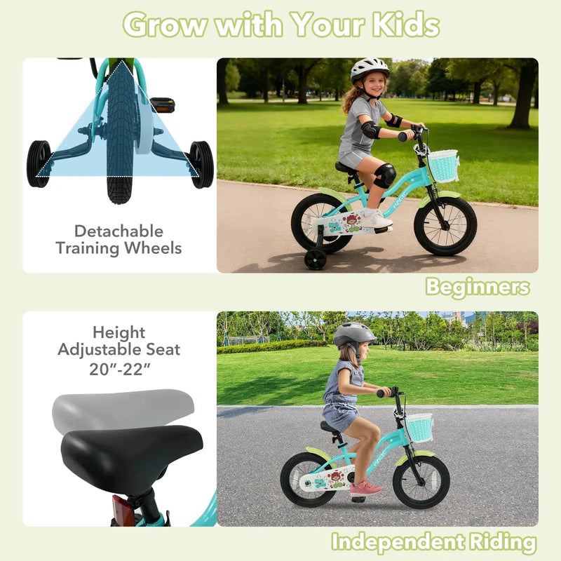 12/14/16 Inch Kids Bike with Training Wheels and Basket Green Color by DirectDeals