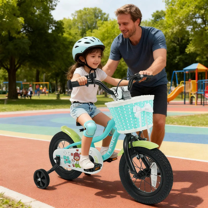 12/14/16 Inch Kids Bike with Training Wheels and Basket Green Color by DirectDeals