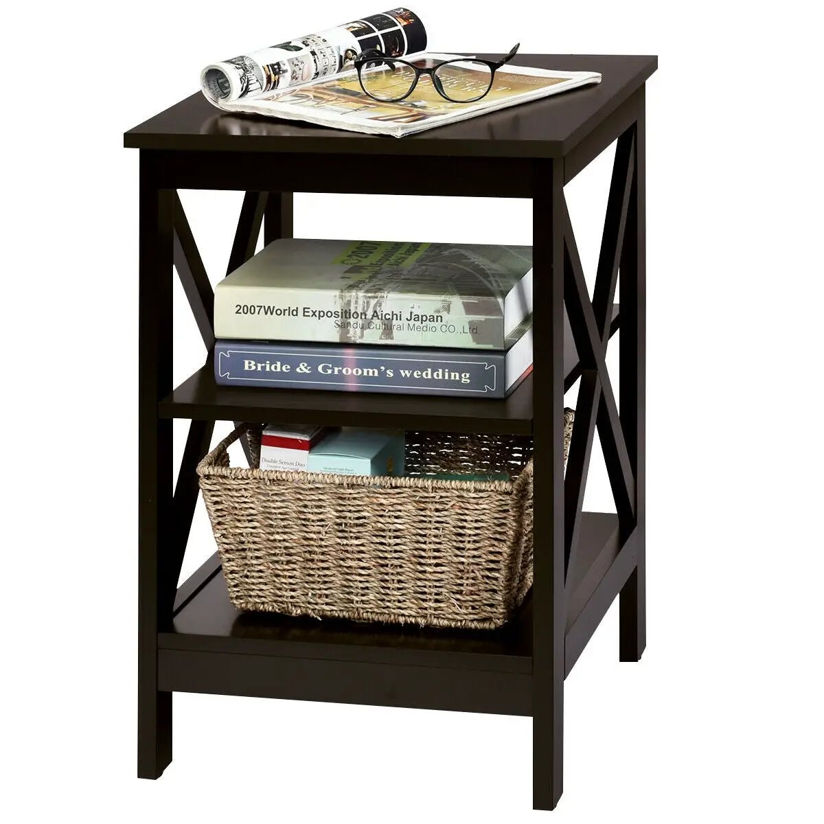 3-Tier Nightstand End Table with X Design Storage by DirectDeals