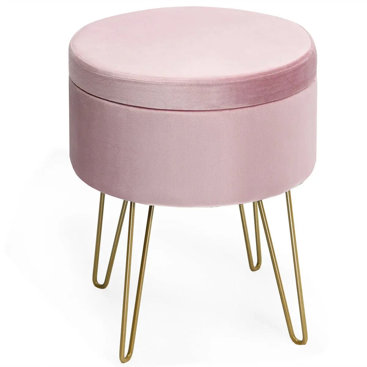 Round Velvet Storage Ottoman Footrest Stool Vanity Chair with Metal Legs by DirectDeals