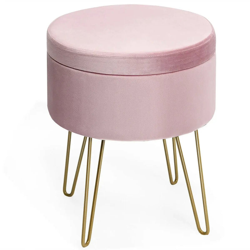 Round Velvet Storage Ottoman Footrest Stool Vanity Chair with Metal Legs by DirectDeals