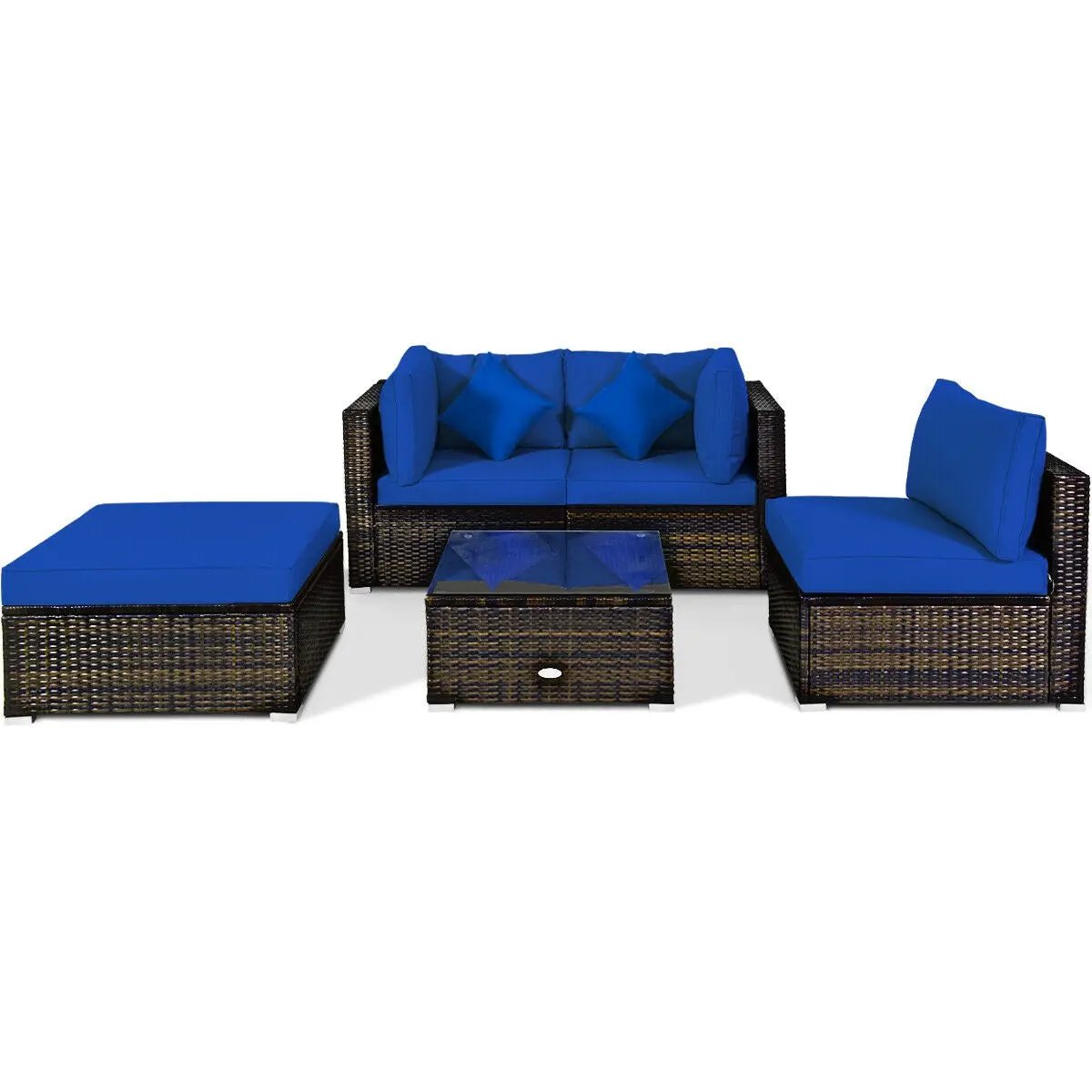5 Pcs Outdoor Patio Rattan Furniture Set Sectional Conversation with Navy Cushions-Turquoise by DirectDeals