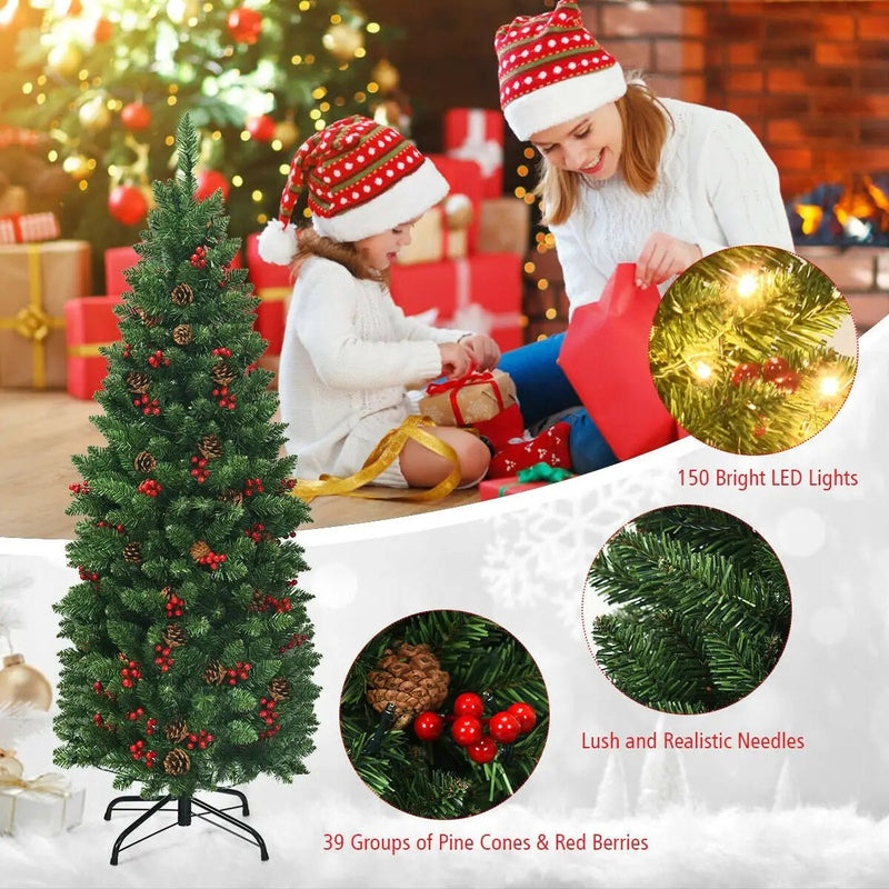 4.5 Feet Pre-lit Hinged Pencil Christmas Tree with Pine Cones Red Berries and 150 Lights by DirectDeals