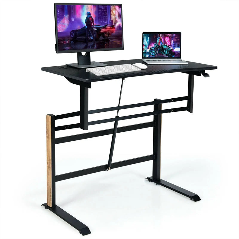Pneumatic Height Adjustable Gaming Desk T Shaped Game Station with Power Strip Tray-Black by DirectDeals