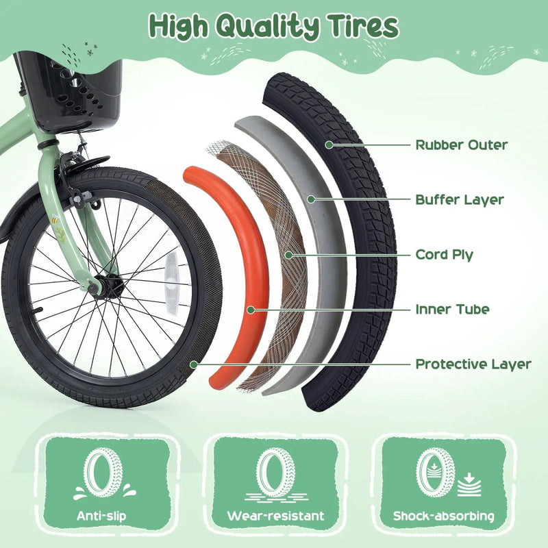 Girls Bike 12 Inch with Training Wheels and Basket - Green by DirectDeals