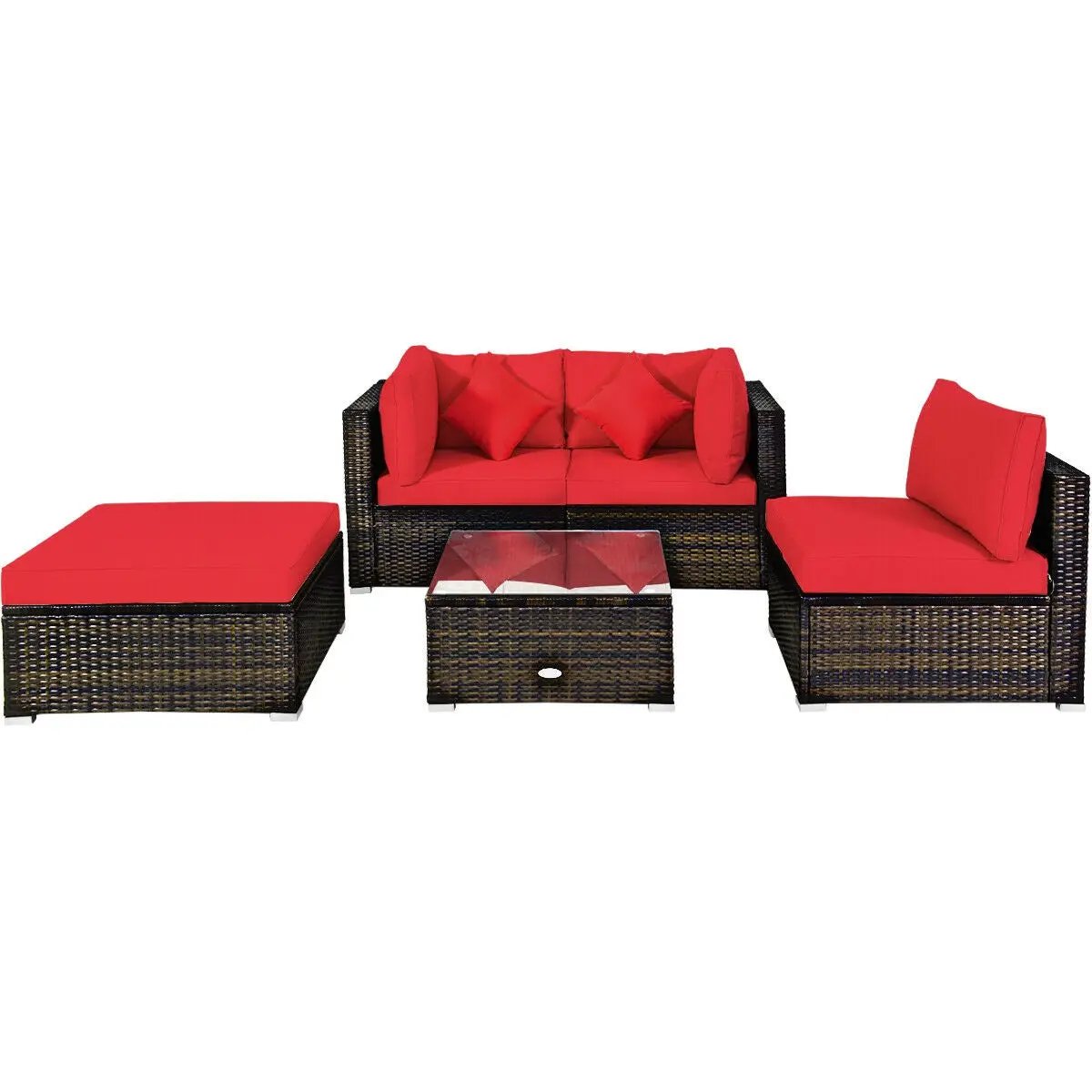 5 Pcs Outdoor Patio Rattan Furniture Set Sectional Conversation with Navy Cushions-Turquoise by DirectDeals