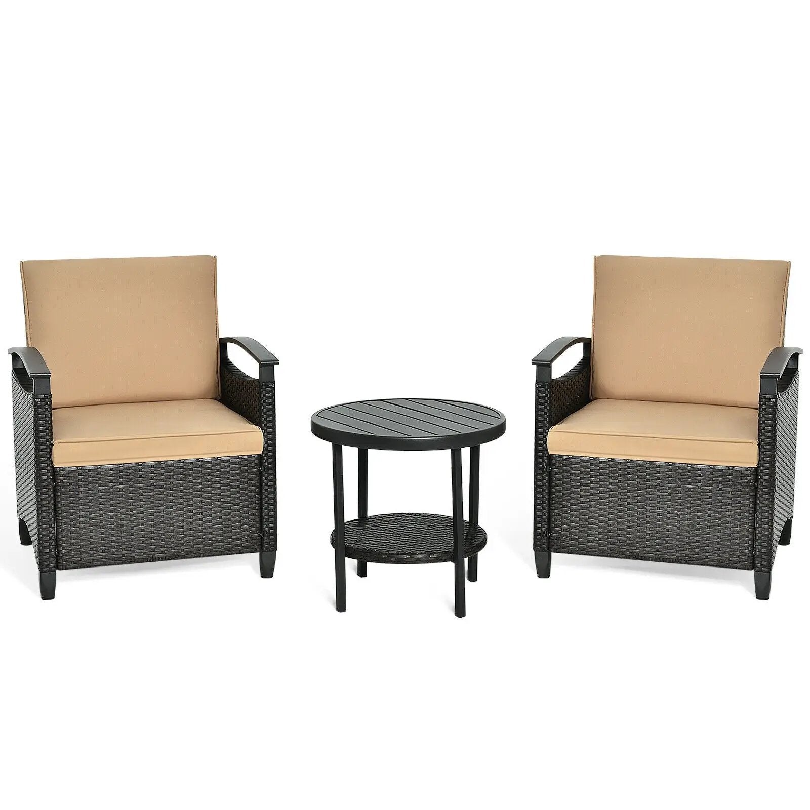 3 Pieces Patio Rattan Furniture Set Cushioned Sofa Storage Table with Shelf Garden by DirectDeals