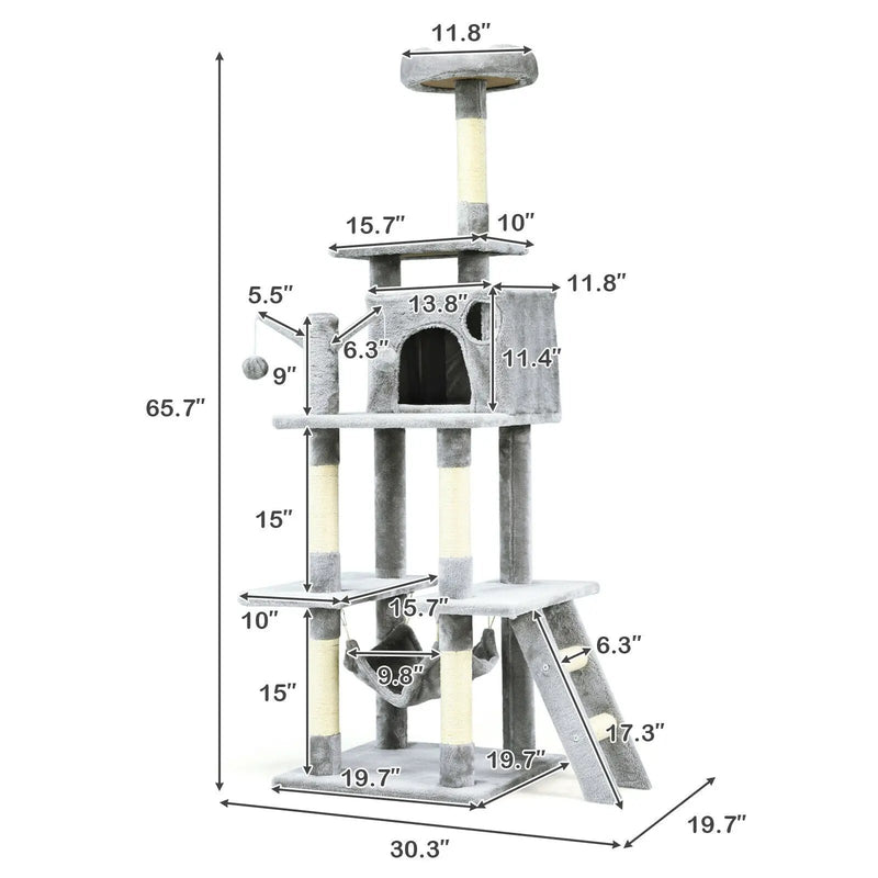 66 Inch Cat Tree Condo Kitten Multi-Level Activity Center-Gray by DirectDeals
