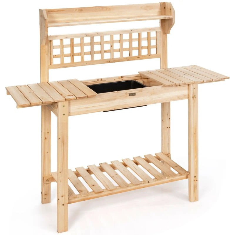 Garden Potting Bench Workstation Table with Sliding Tabletop Sink Shelves by DirectDeals