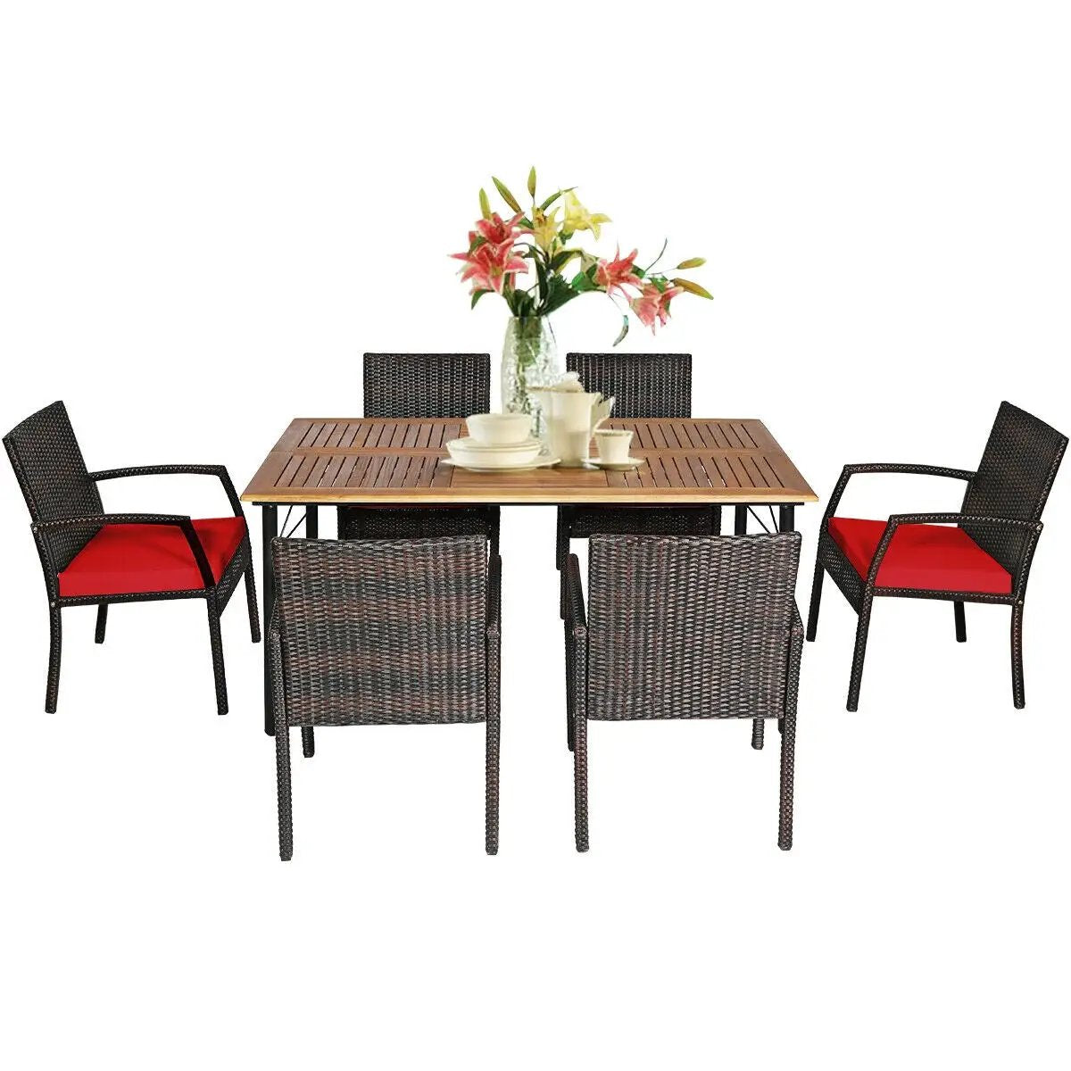 7Pcs Patio Rattan Cushioned Dining Set with Umbrella Hole by DirectDeals