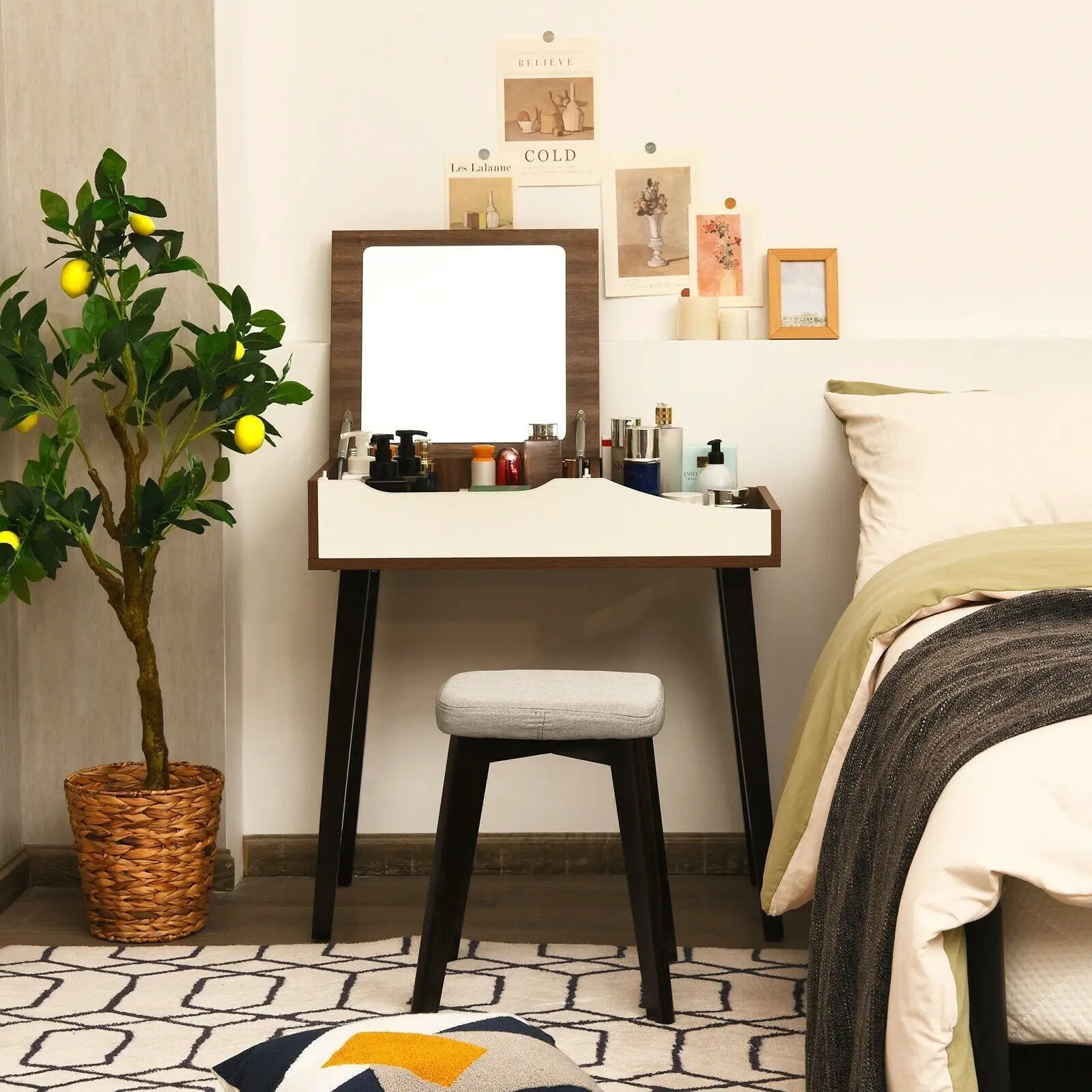 Vanity Table Set with Flip Top Mirror and Padded Stool-Brown by DirectDeals