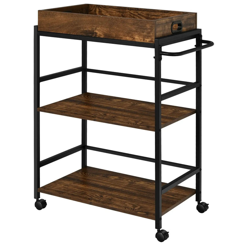 3-Tier Kitchen Serving Bar Cart with Lockable Casters and Handle Rack for Home Pub-Rustic Brown by DirectDeals