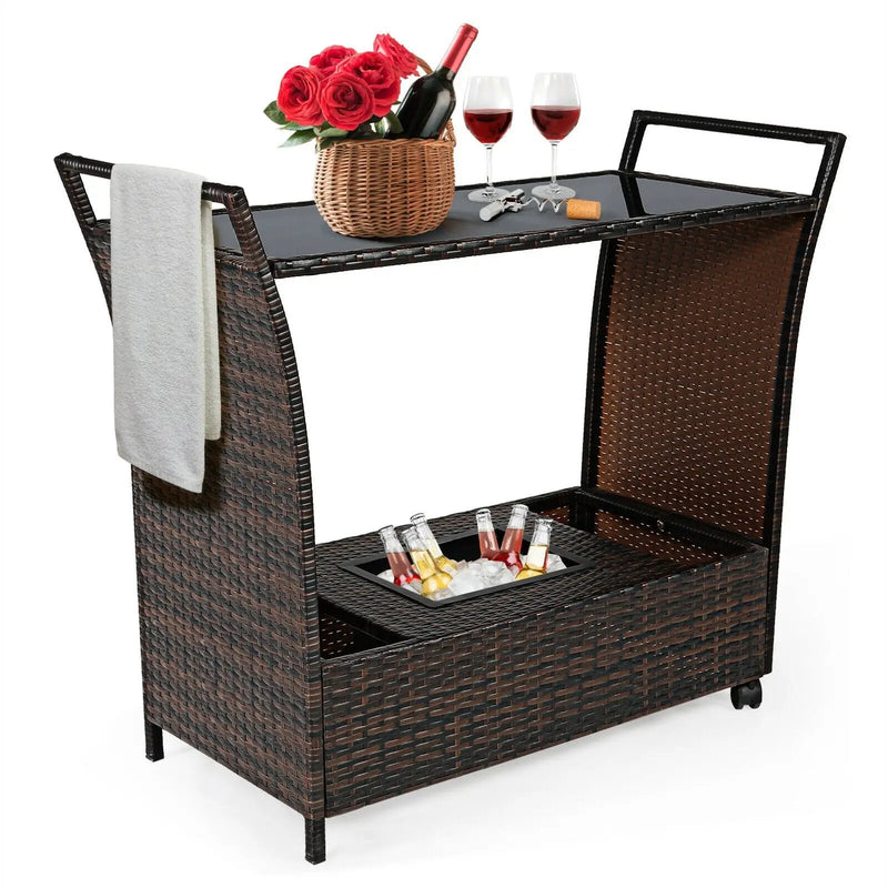 Patio Rattan Bar Serving Cart with Glass Top and Handle by DirectDeals
