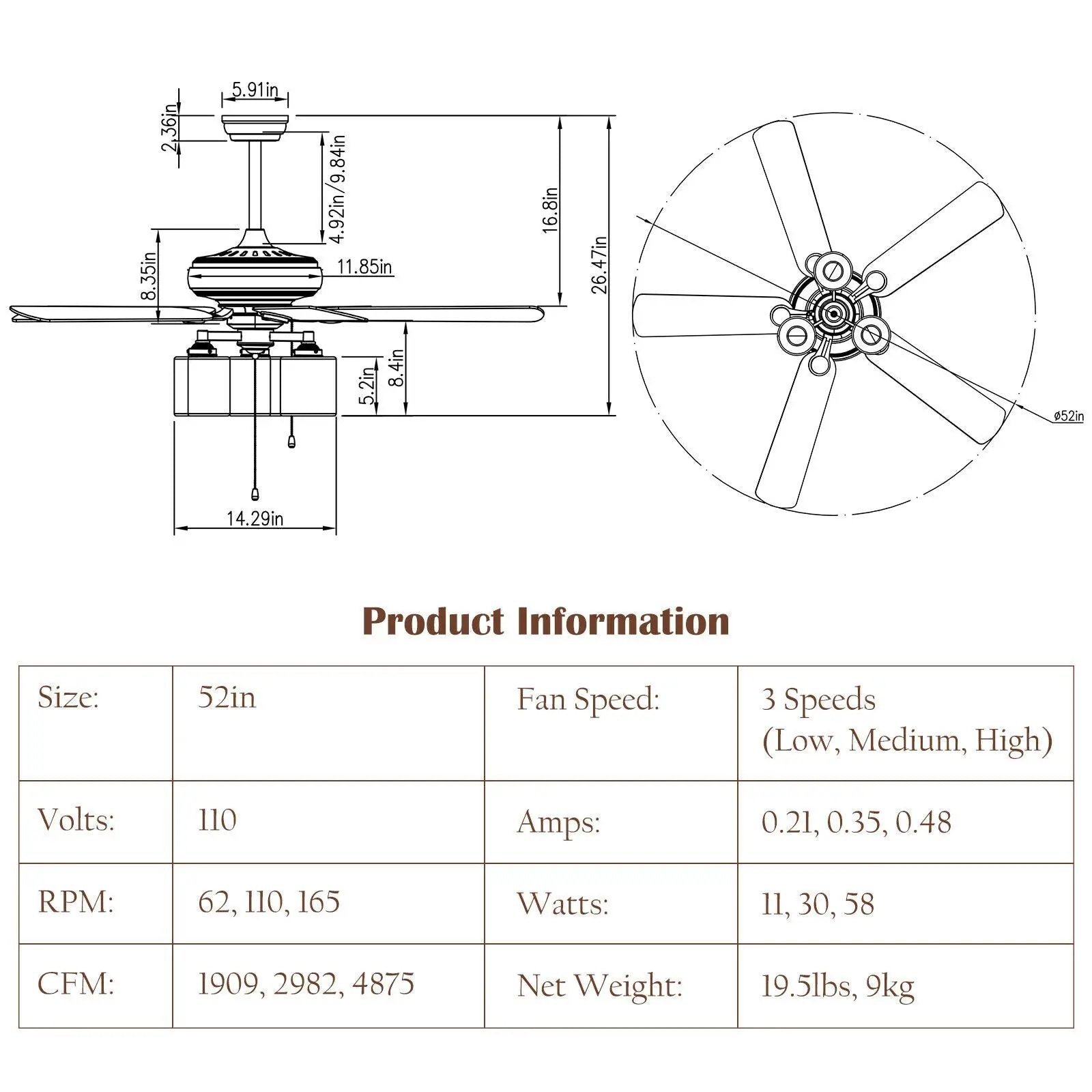 52 Inch Ceiling Fan Light with Pull Chain and 5 Bronze Finished Reversible Blades by DirectDeals