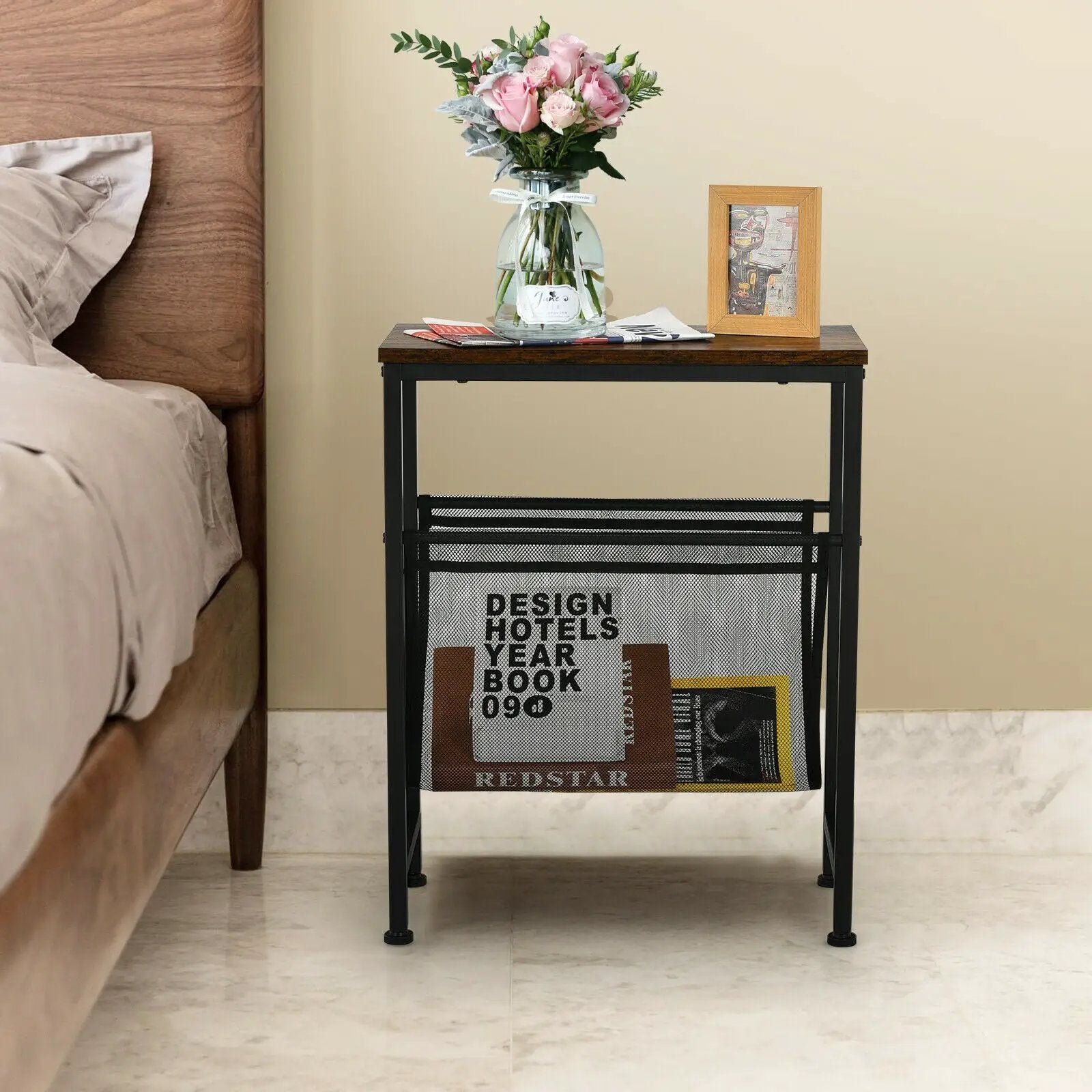 Narrow End Table with Magazine Holder Sling for Small Space by DirectDeals