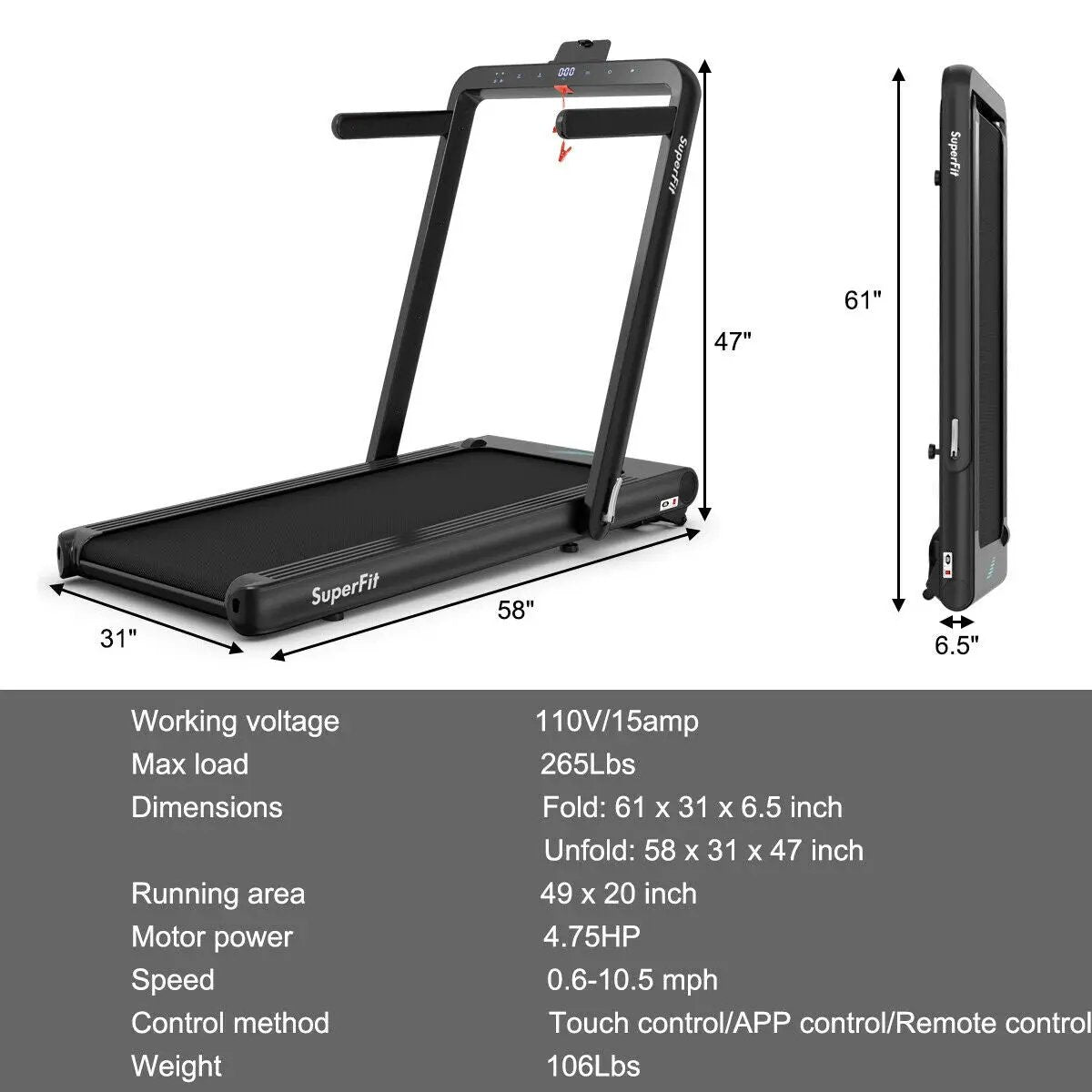 4.75HP 2 In 1 Folding Treadmill with Remote APP Control by DirectDeals