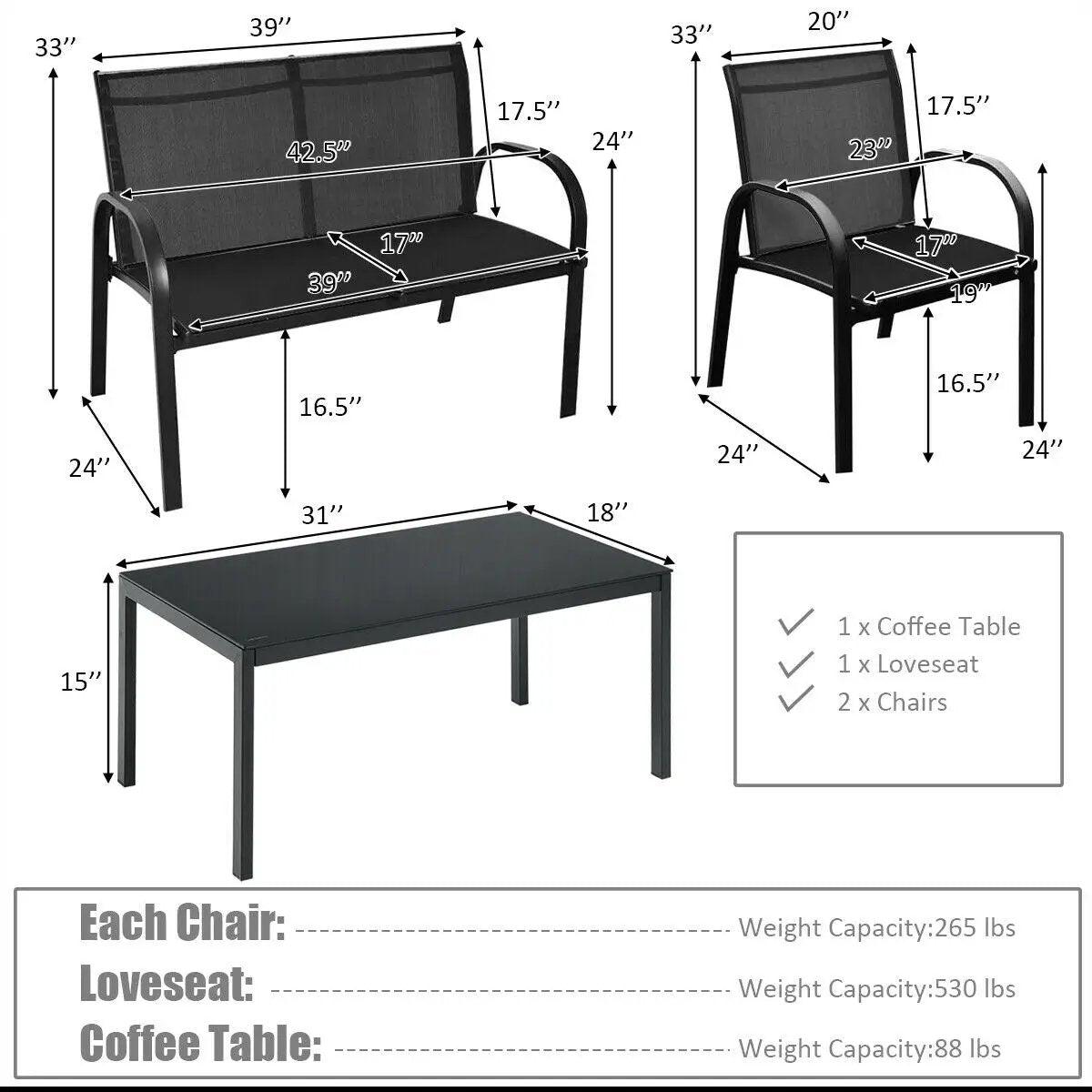 4 Pieces Patio Furniture Set with Glass Top Coffee Table by DirectDeals