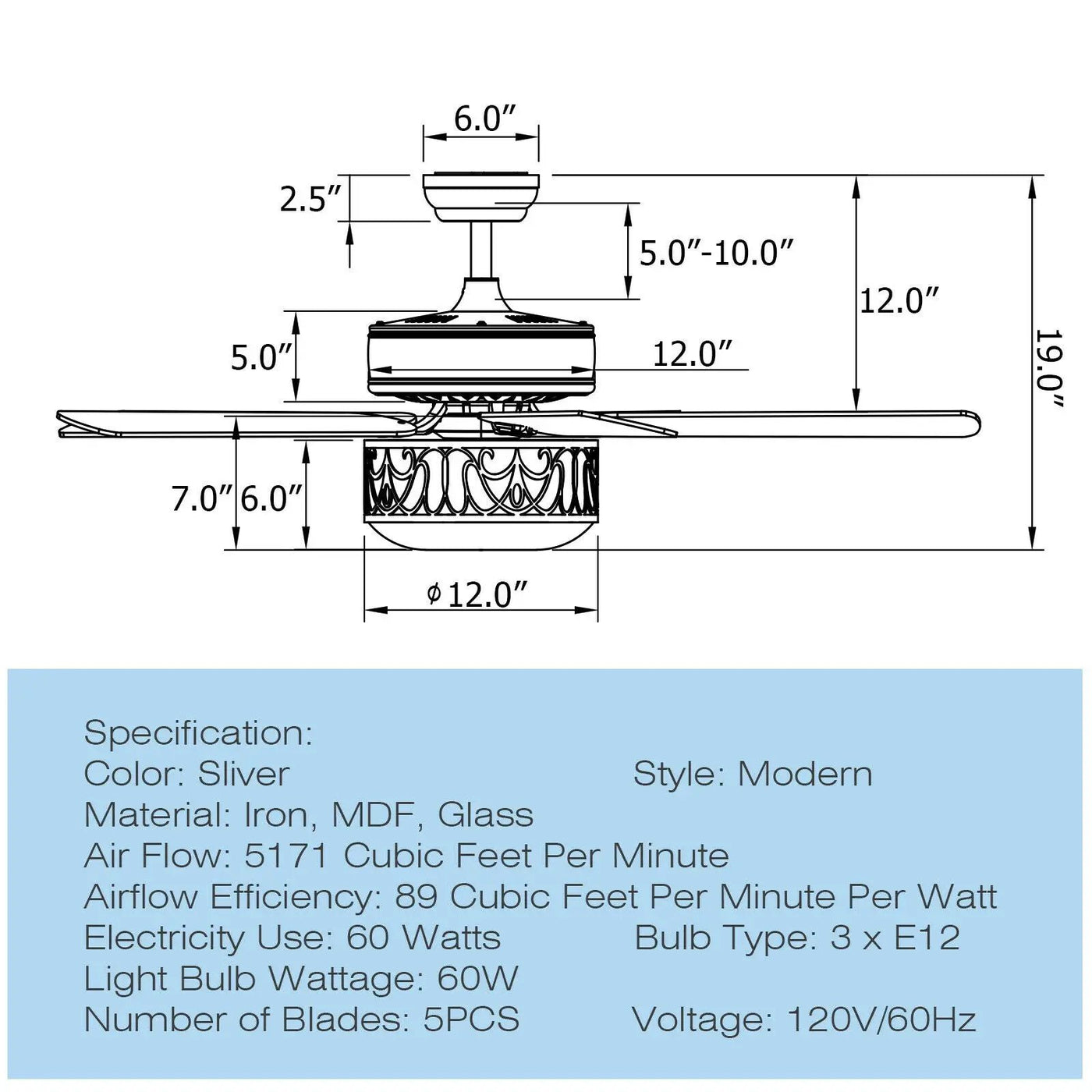 52 Inch Ceiling Fan with Light Reversible Blade and Adjustable Speed by DirectDeals
