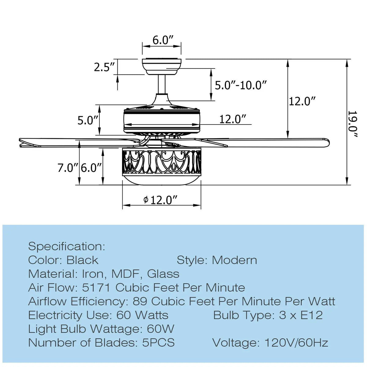 52 Inch Ceiling Fan with Light Reversible Blade and Adjustable Speed by DirectDeals