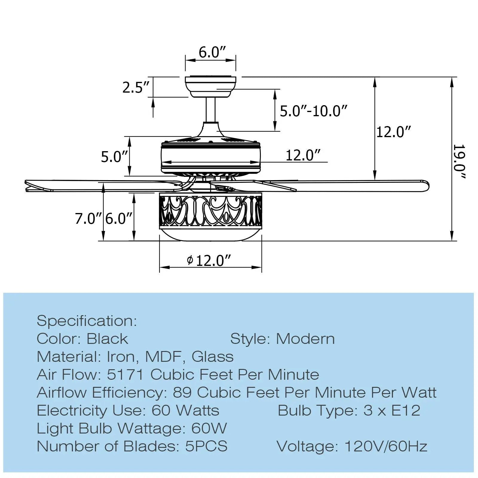 52 Inch Ceiling Fan with Light Reversible Blade and Adjustable Speed by DirectDeals