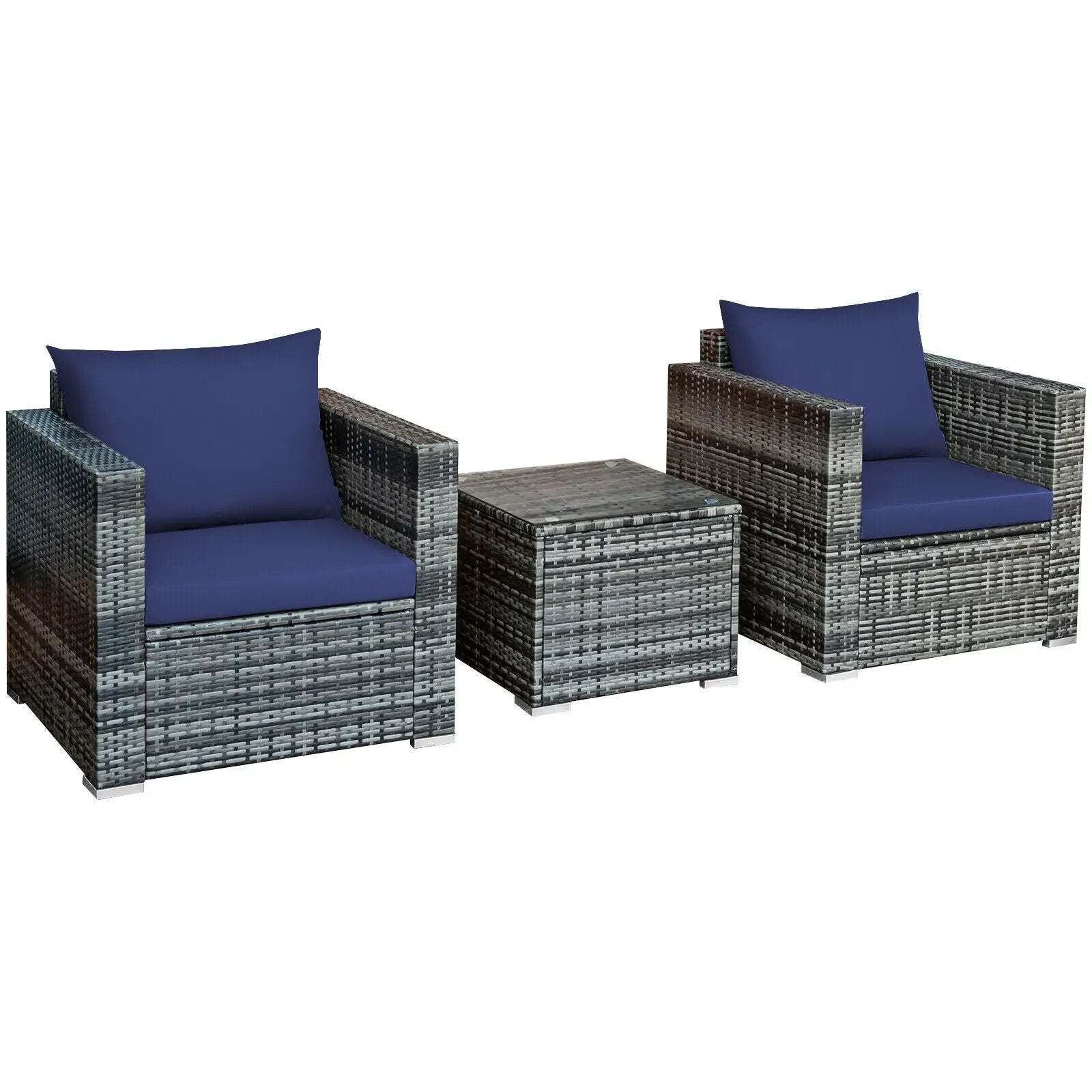 3 Pcs Patio Rattan Furniture Bistro Sofa Set with Cushioned-Navy by DirectDeals