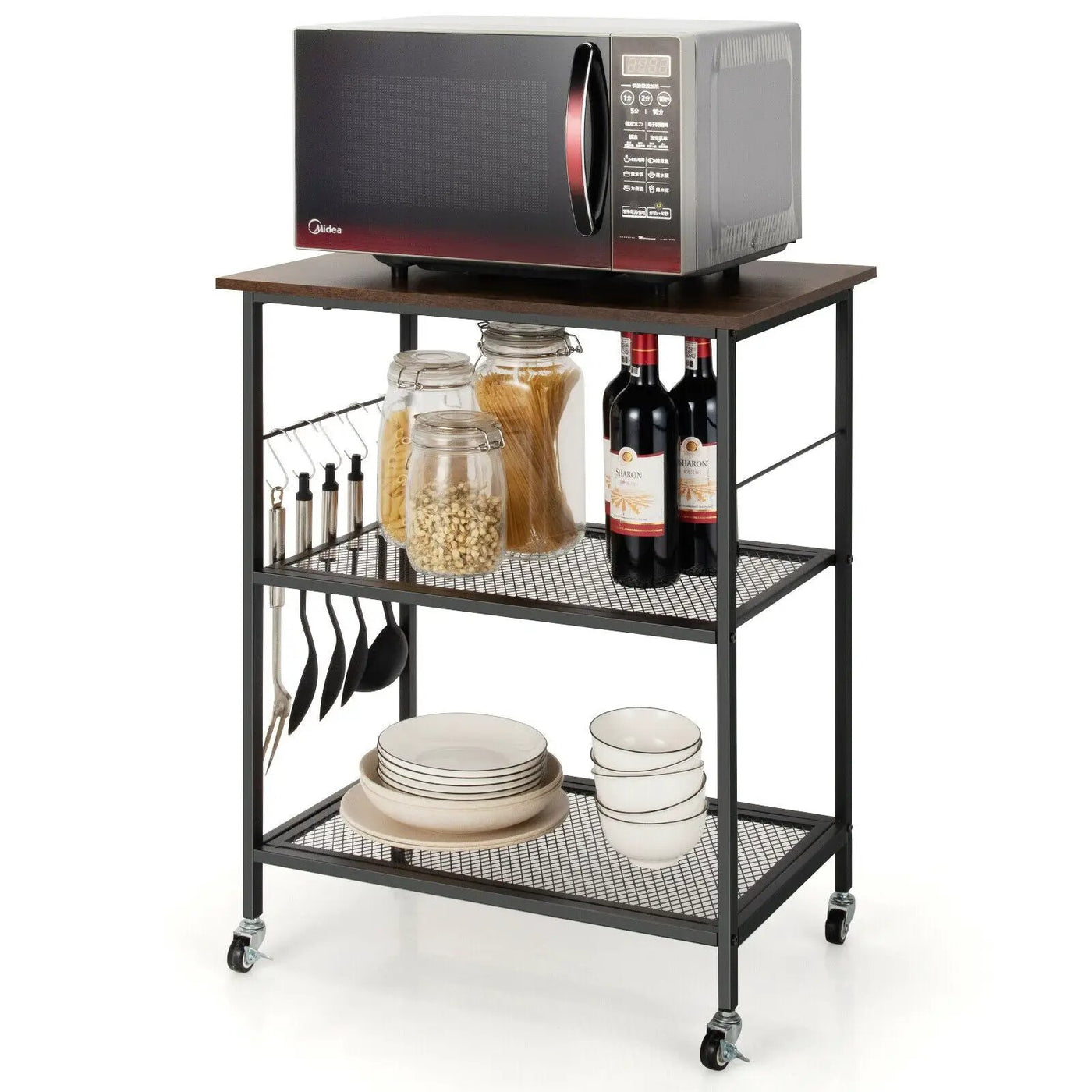 3-Tier Kitchen Serving Cart Utility Standing Microwave Rack with Hooks by DirectDeals