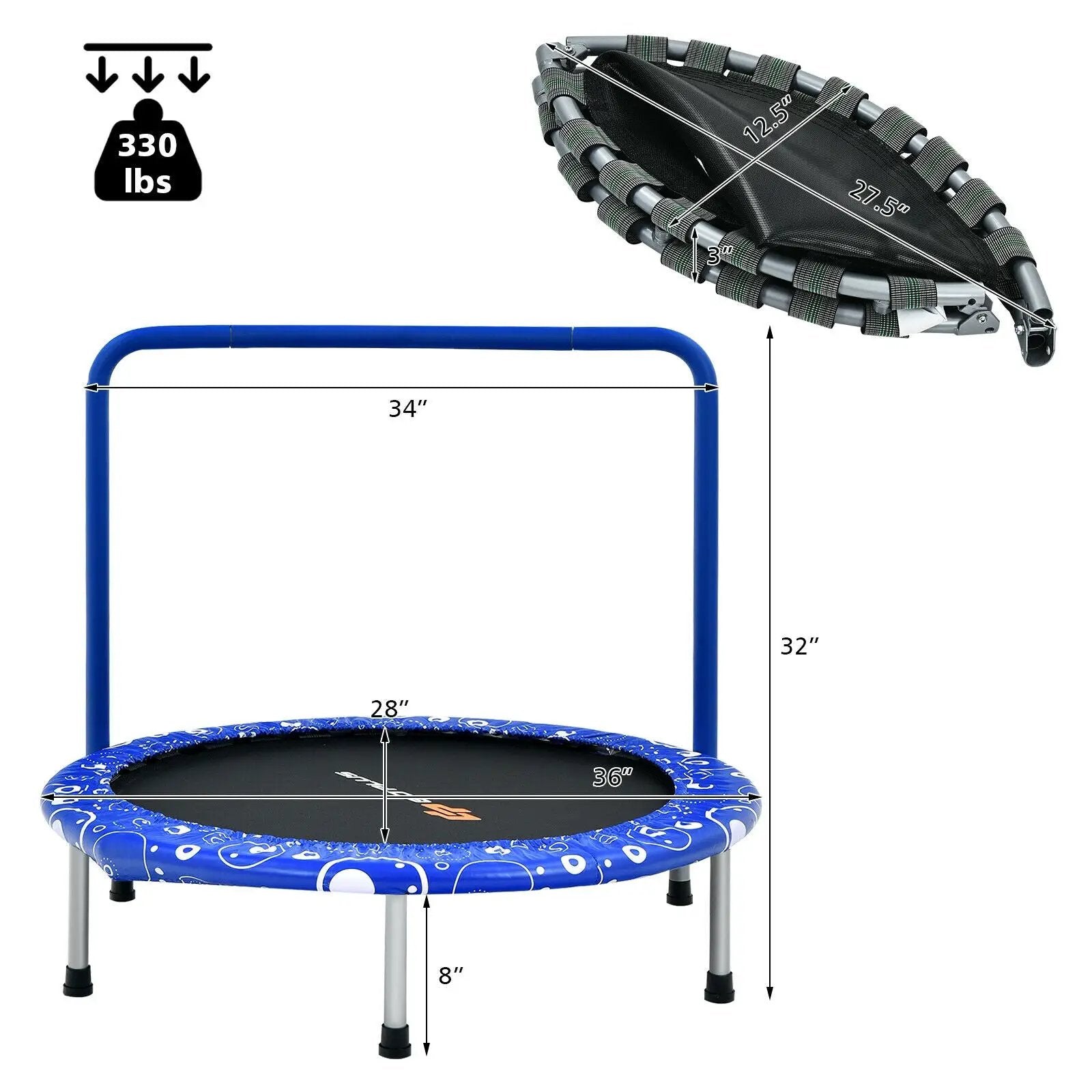 36 Inch Kids Trampoline Mini Rebounder with Full Covered Handrail by DirectDeals