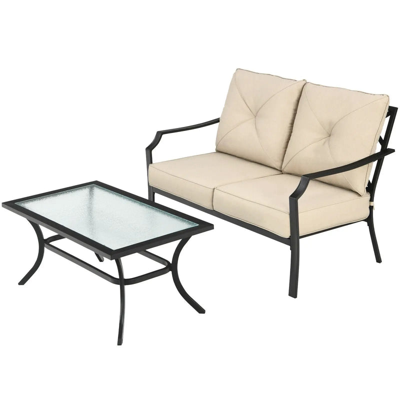 2 Pieces Patio Outdoor Cushioned Sofa Bench with Coffee Table-Beige by DirectDeals