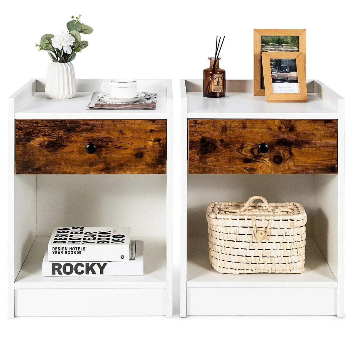 Set of 2 Nightstand with Drawer Cabinet End Side Table Raised Top by DirectDeals