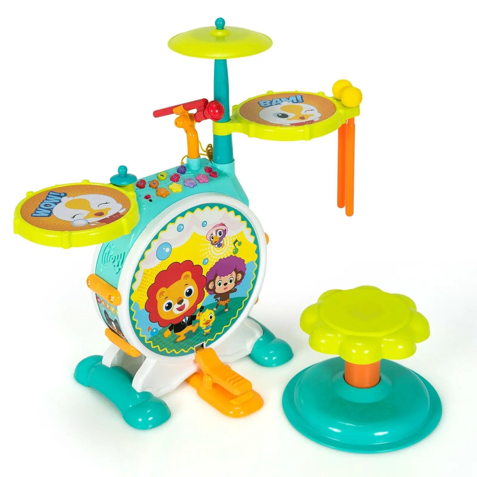3 Pieces Electric Kids Drum Set with Microphone Stool Pedal by DirectDeals