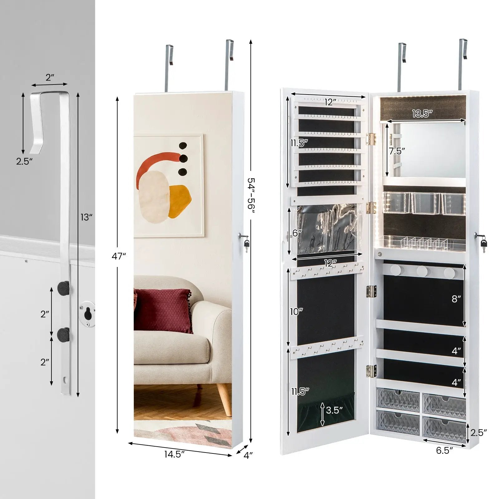 Wall Mounted Jewelry Cabinet with 3-Color Lights by DirectDeals