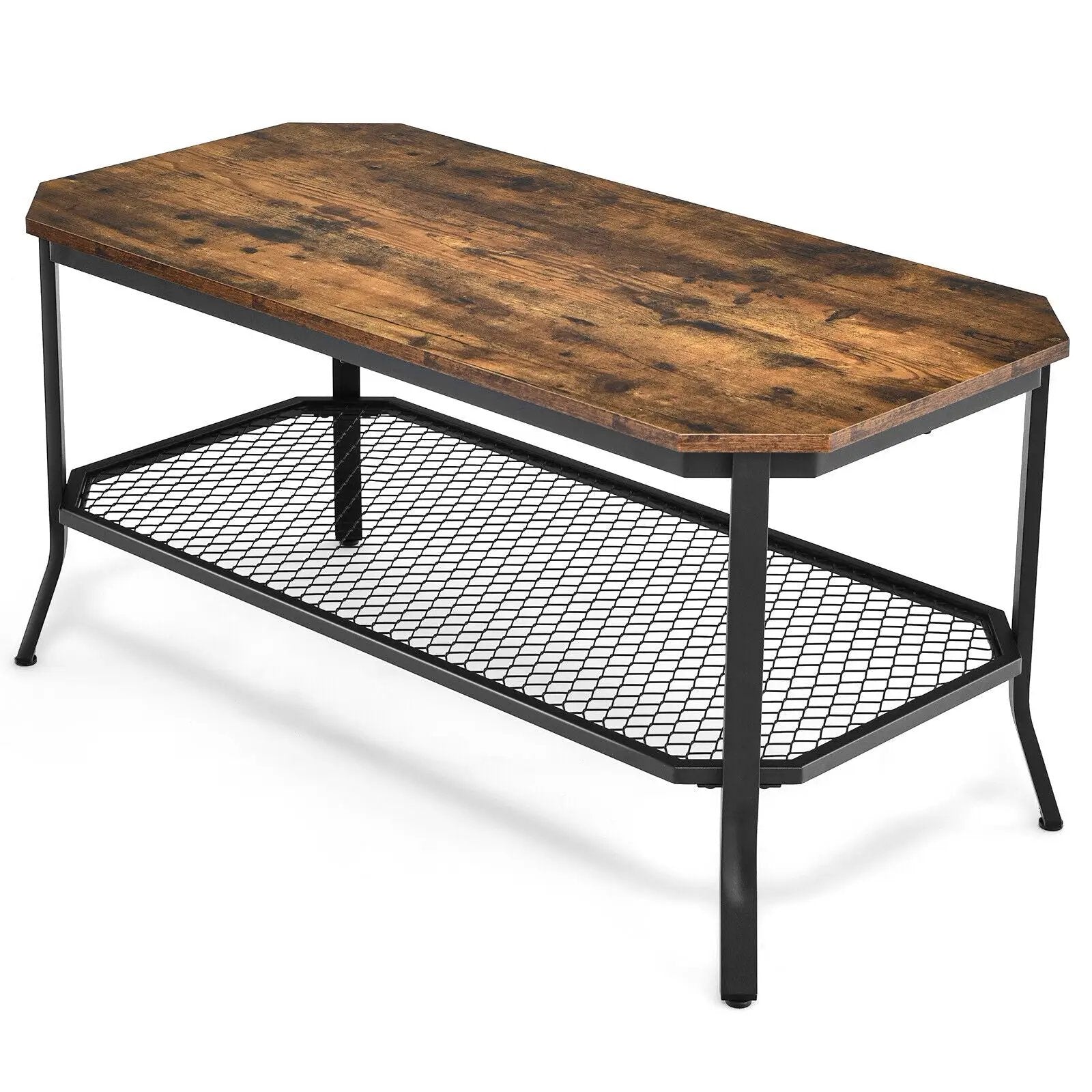 2-Tier Industrial Coffee Table with Open Mesh Storage Shelf for Living Room-Rustic Brown by DirectDeals