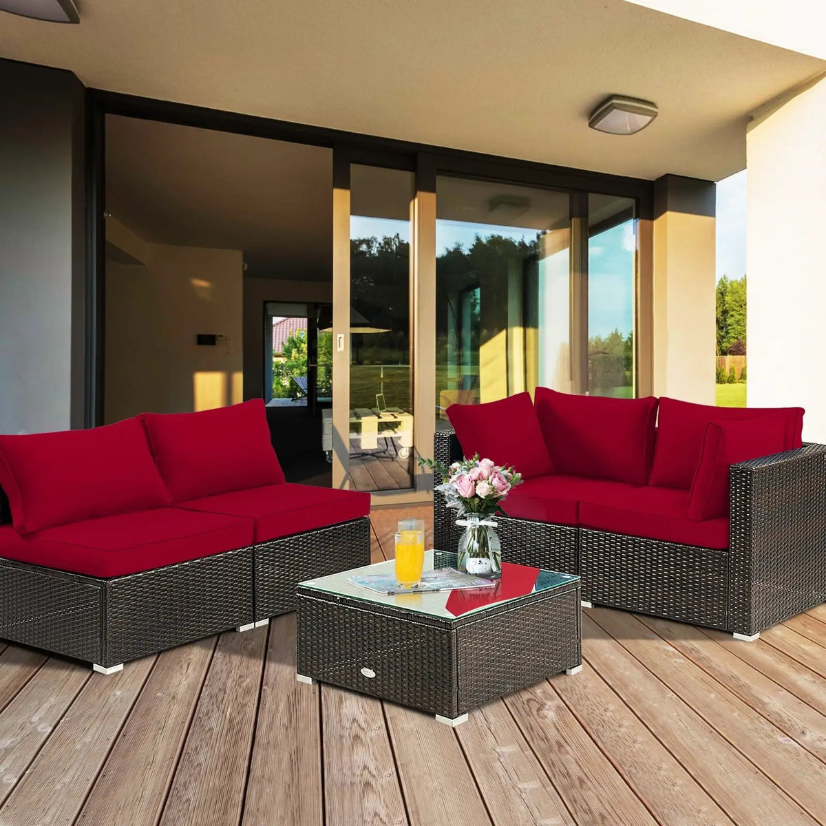 5 Pieces Cushioned Patio Rattan Furniture Set with Glass Table by DirectDeals