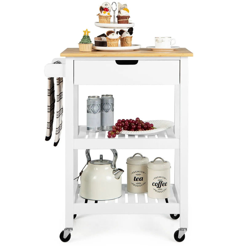 3-Tier Kitchen Island Cart Rolling Service Trolley with Bamboo Top by DirectDeals
