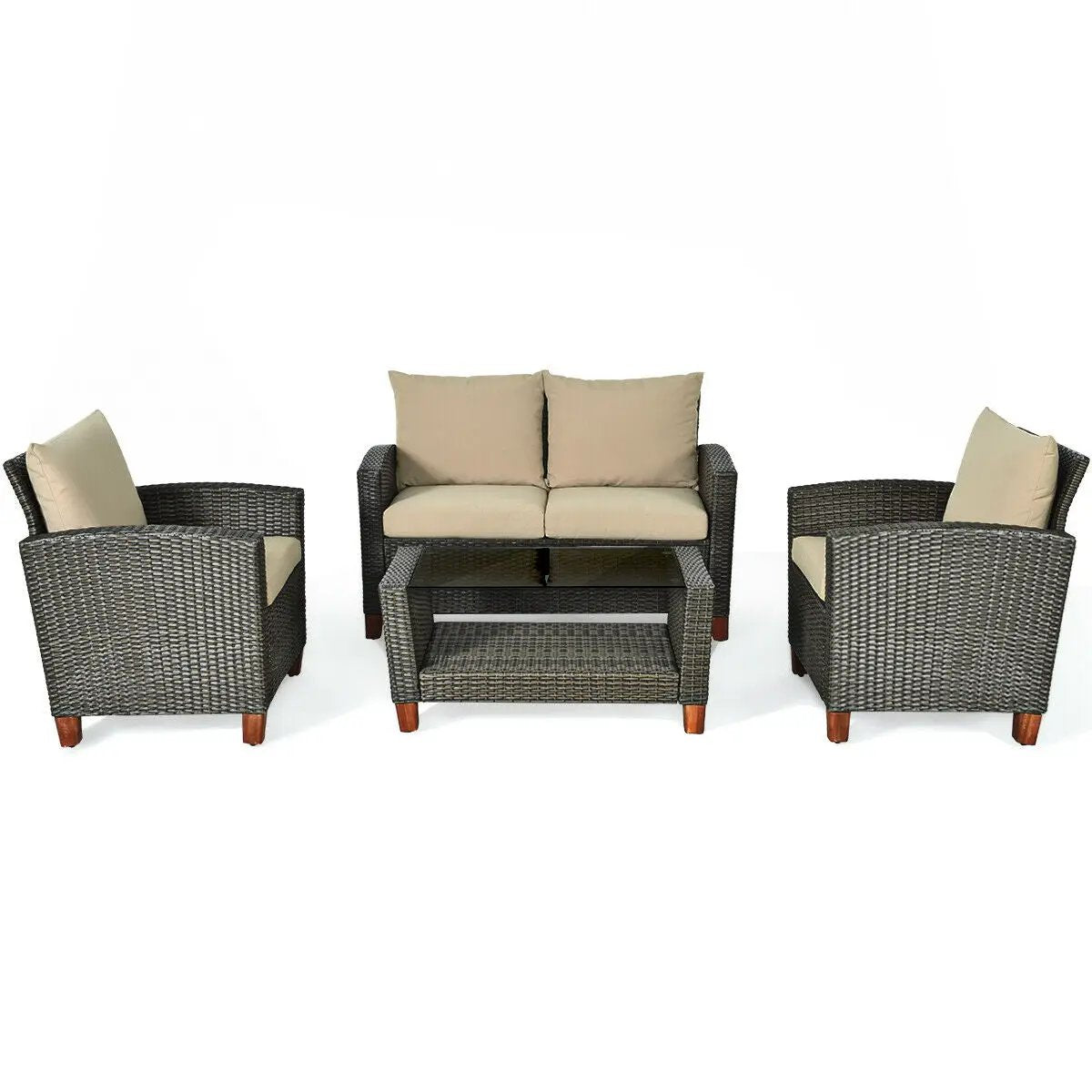 4 Pieces Patio Rattan Furniture Set with Cushions by DirectDeals