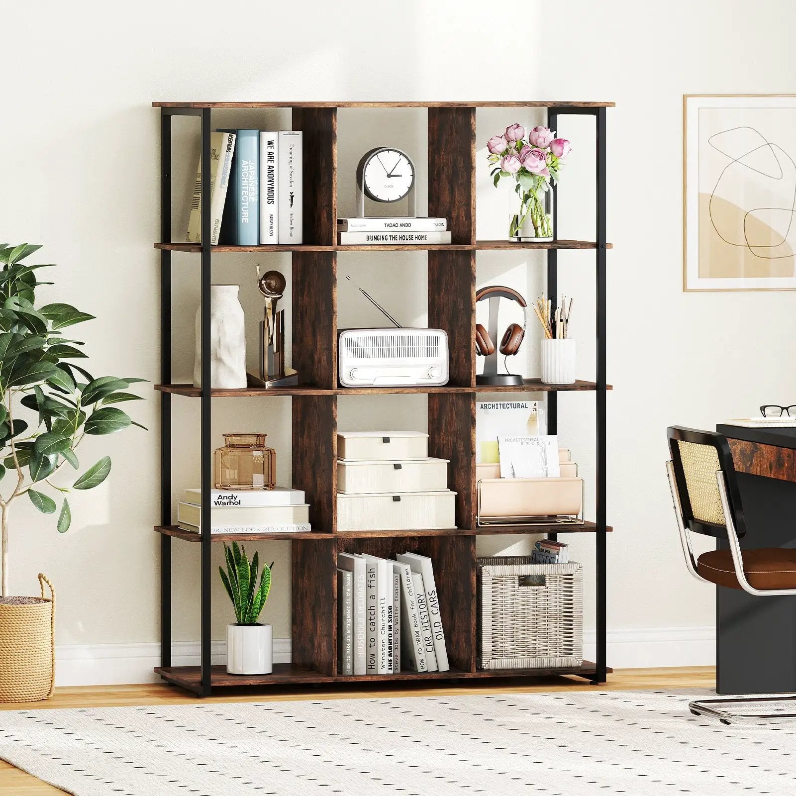 12-Cube Bookcase with 2 Anti-tipping Kits for Living Room-Rustic Brown by DirectDeals