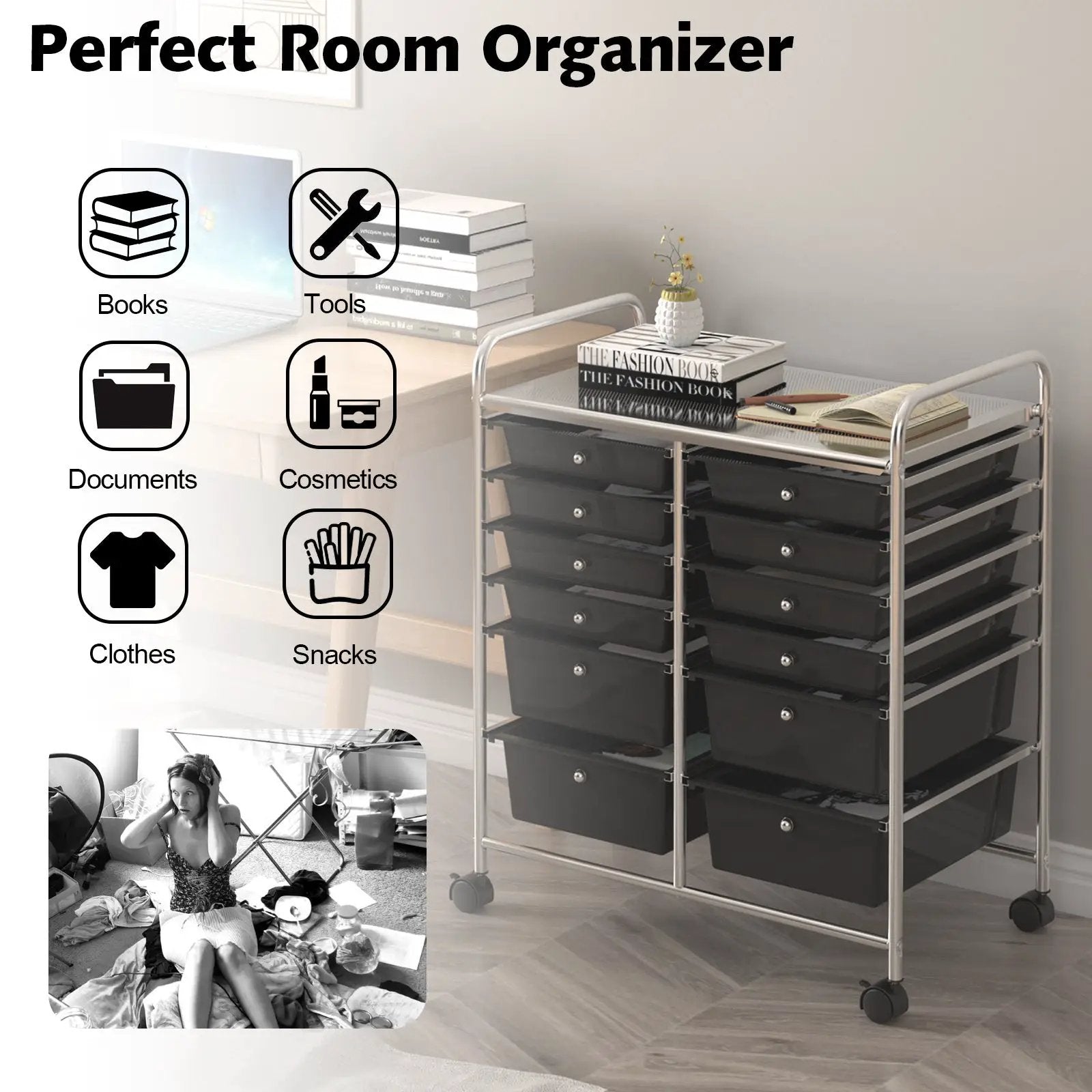 12 Storage Drawer Organizer Bins Rolling Cart by DirectDeals