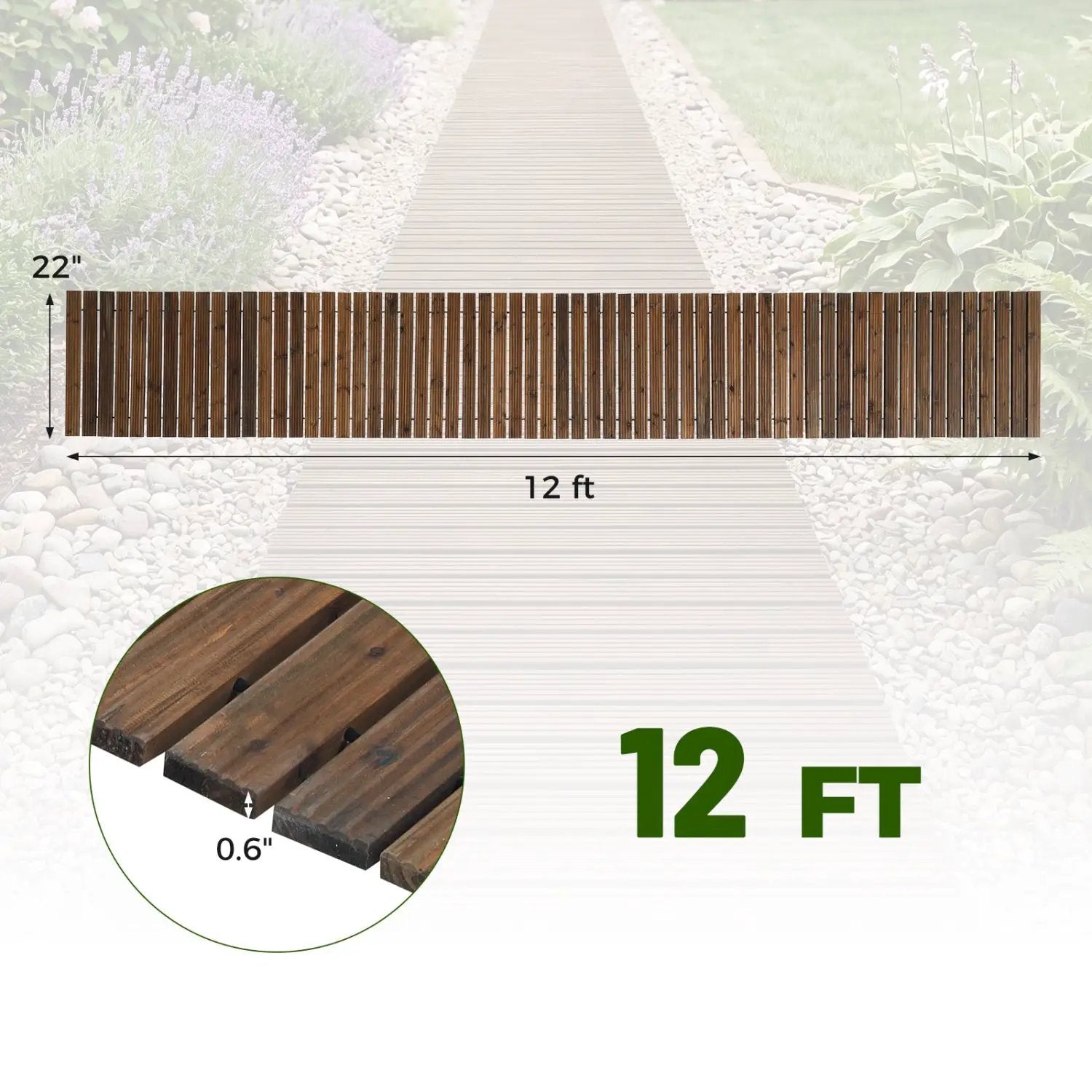 12 FT Wooden Garden Pathway 22 Inches Wide Outdoor Roll out Straight Walkway by DirectDeals