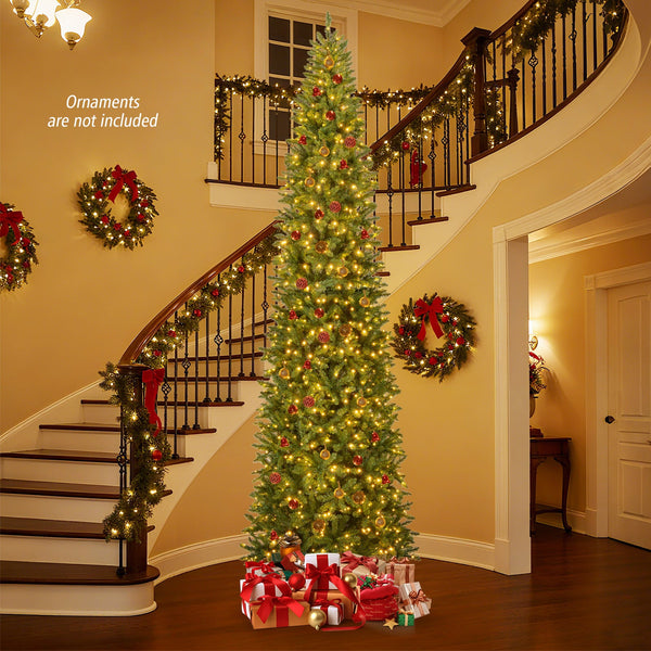 12 Feet Tall Pre-Lit Artificial Christmas Tree Outdoor Indoor Slim Pencil Tree with Lights, photo 2 of 8